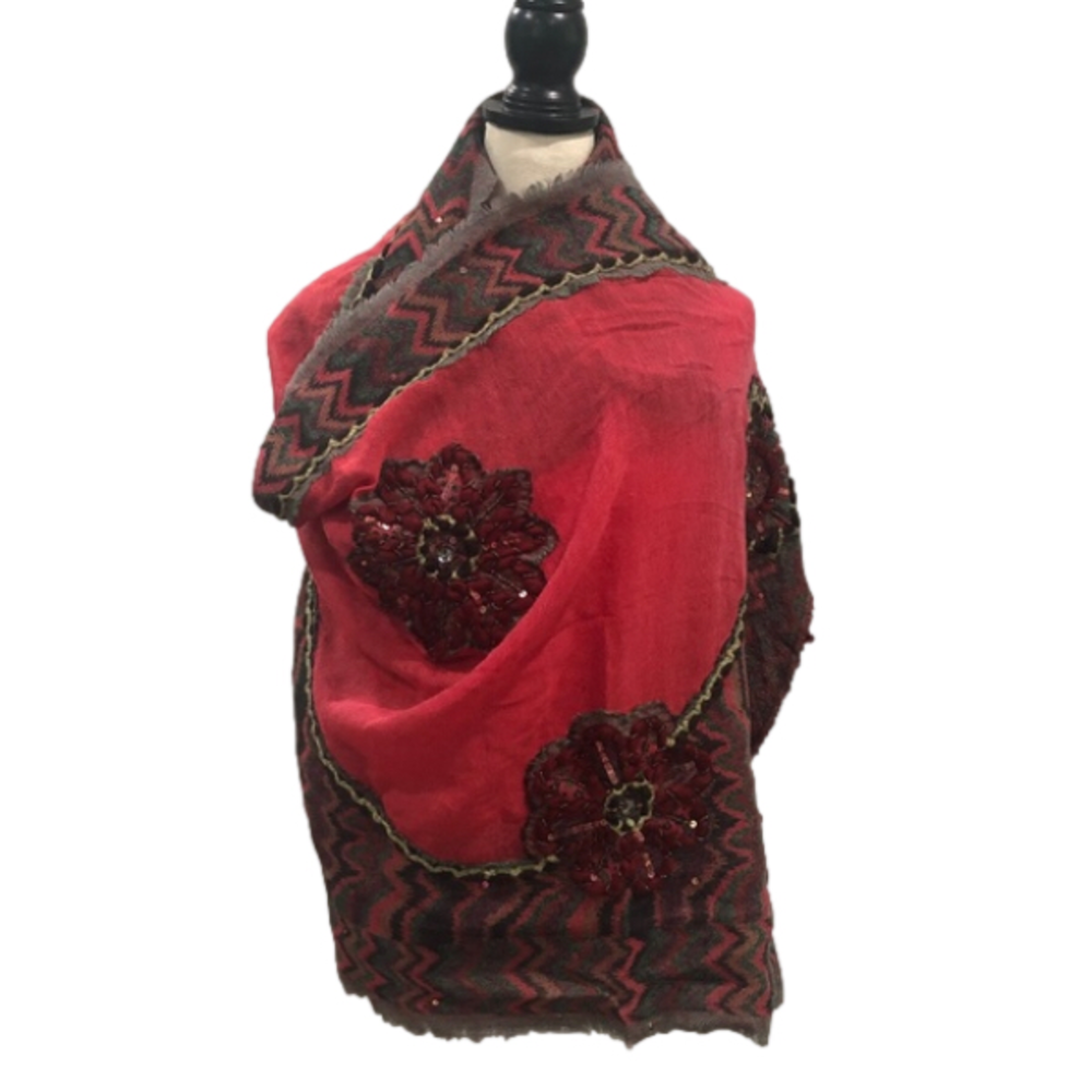 ANTHROPOLOGIE Feathers by Tolani Embellished Wool Bright Pink Scarf Shawl